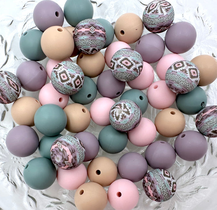 Pink, Purple & Blue Western Silicone Bead Mix--Powder Pink, Beach Blue, Oatmeal, Amethyst