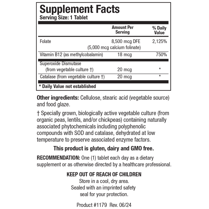 Biotics Research Folate-5 Plus With Vitamin B12 120 Tablets - Supplement Facts panel