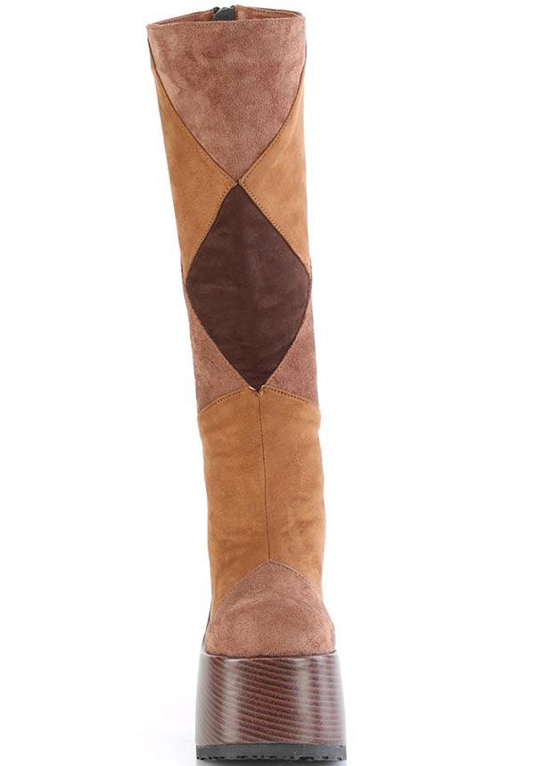 DEMONIA CAMEL-280 [Brown Multi Vegan Suede] | PLATFORM BOOTS [PREORDER] - BOOTS - Back View