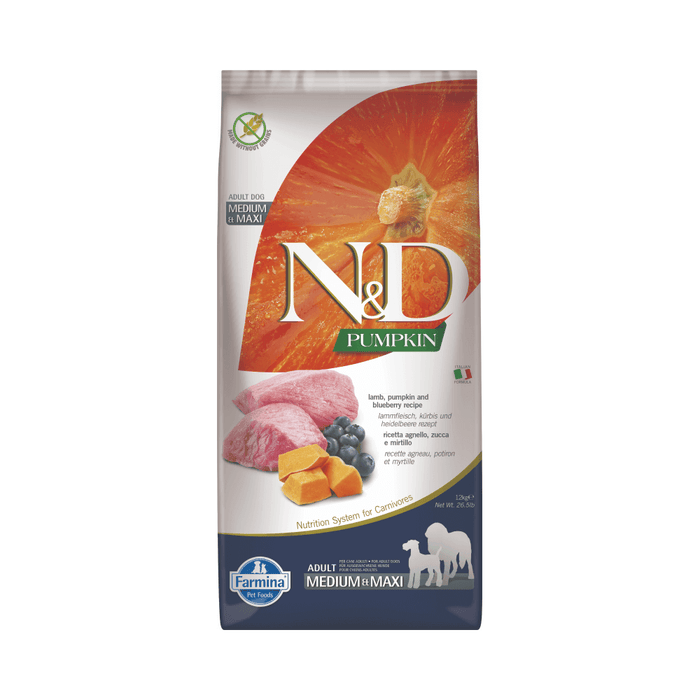 Farmina N&D Pumpkin Adult Med/Max Breed Lamb, Pumpkin & Blueberry Dry Dog Food 12kg - Petworld