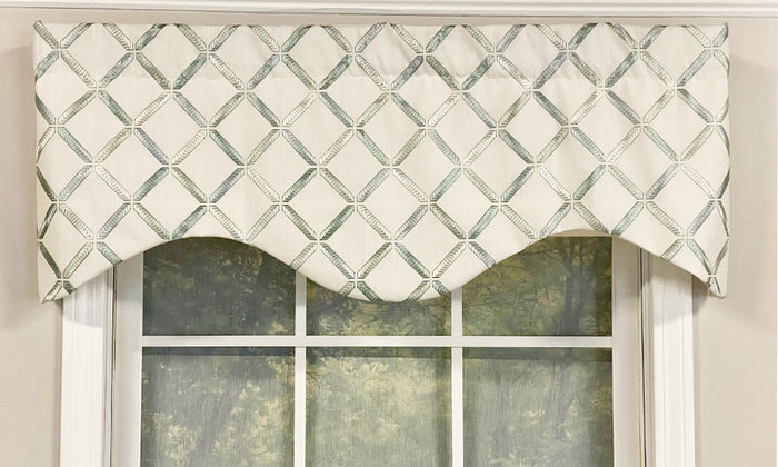 Our Granville Cornice Valance is part of our newest collection! We love our Granville Cornice Valance for its beautiful geometric embroidery pattern on a neutral background. This valance comes in either a silver metallic or marine blue embroidery makes this valance really pop! It fits a window up to 48"wide when flat, gather for smaller windows or add multiples for larger windows!