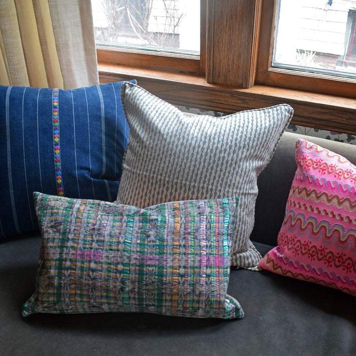 Guatemalan Metallic Ikat with Green Velvet Lumbar Pillow