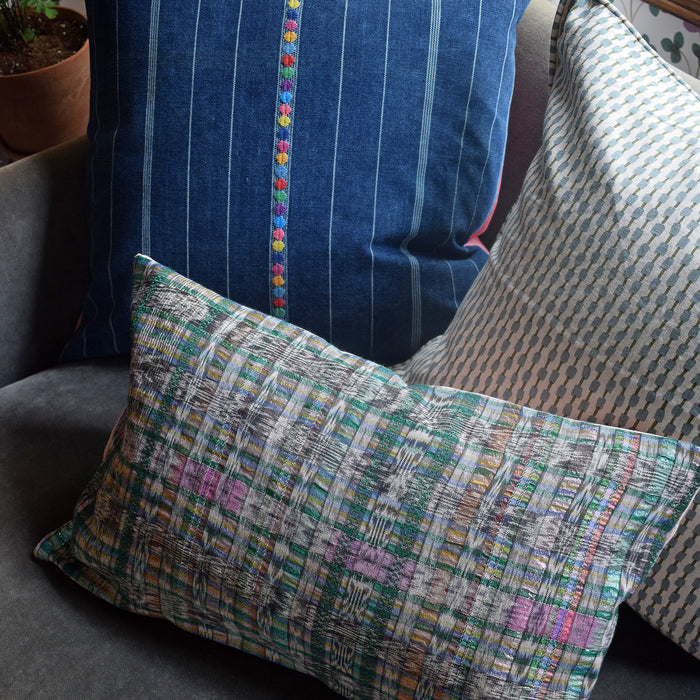 Guatemalan Metallic Ikat with Green Velvet Lumbar Pillow
