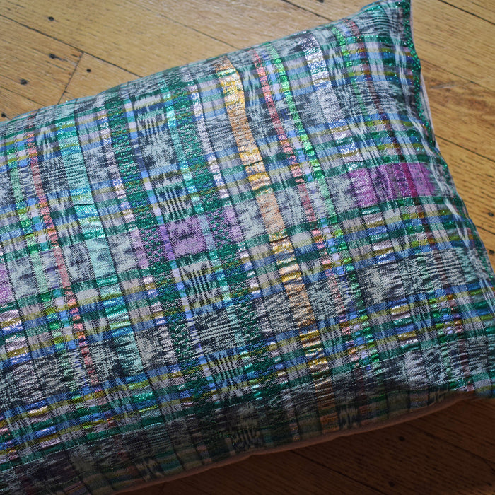 Guatemalan Metallic Ikat with Pink Velvet Lumbar Pillow