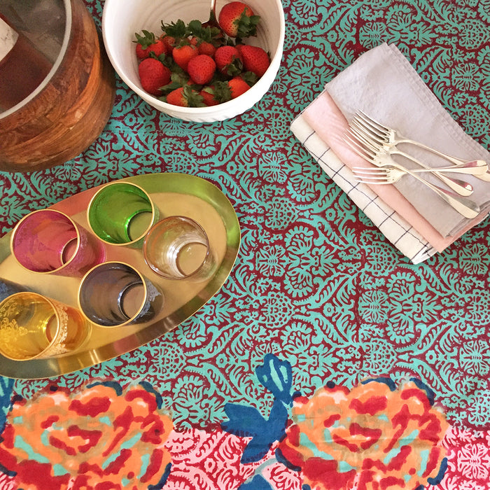 Fog Linen Oval Brass Tray on Lisa Corti tablecloth with glasses - Collyer's Mansion