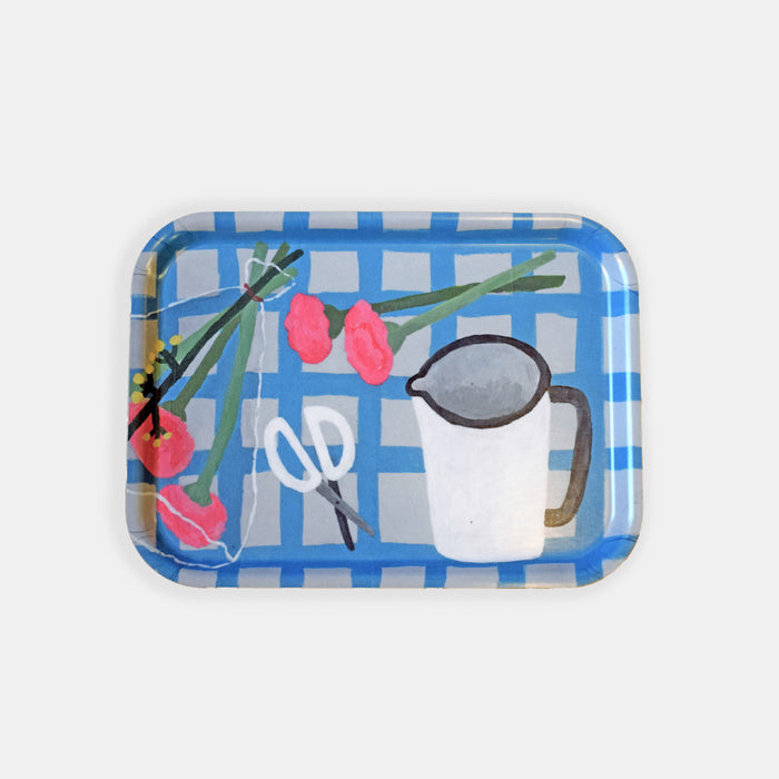 Plaid Tablecloth with Flowers Tray