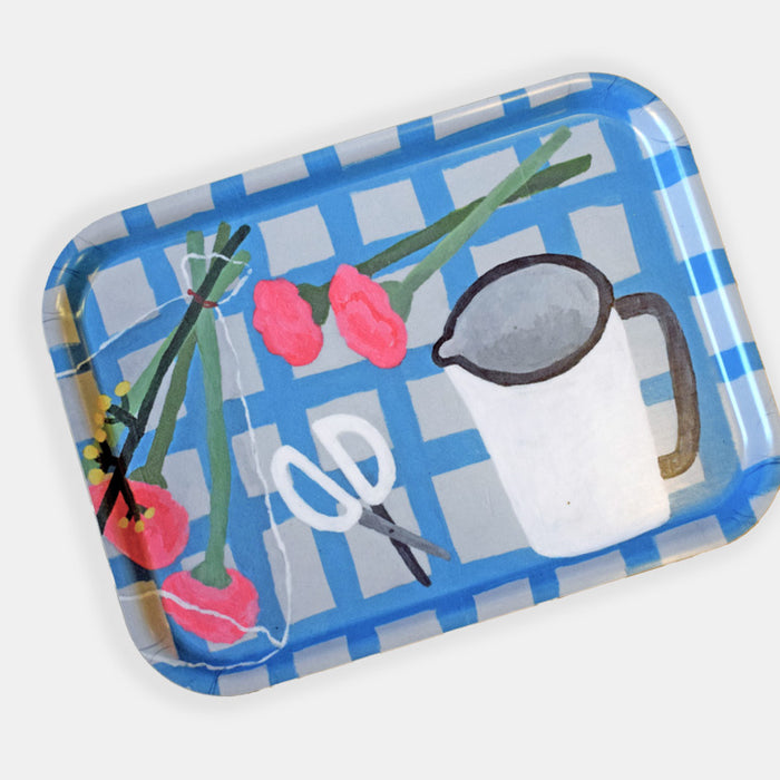 Plaid Tablecloth with Flowers Tray