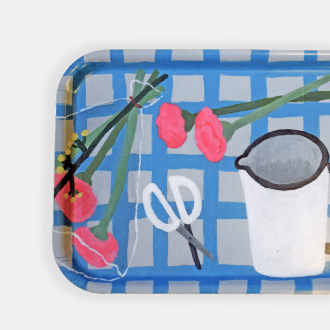 Plaid Tablecloth with Flowers Tray