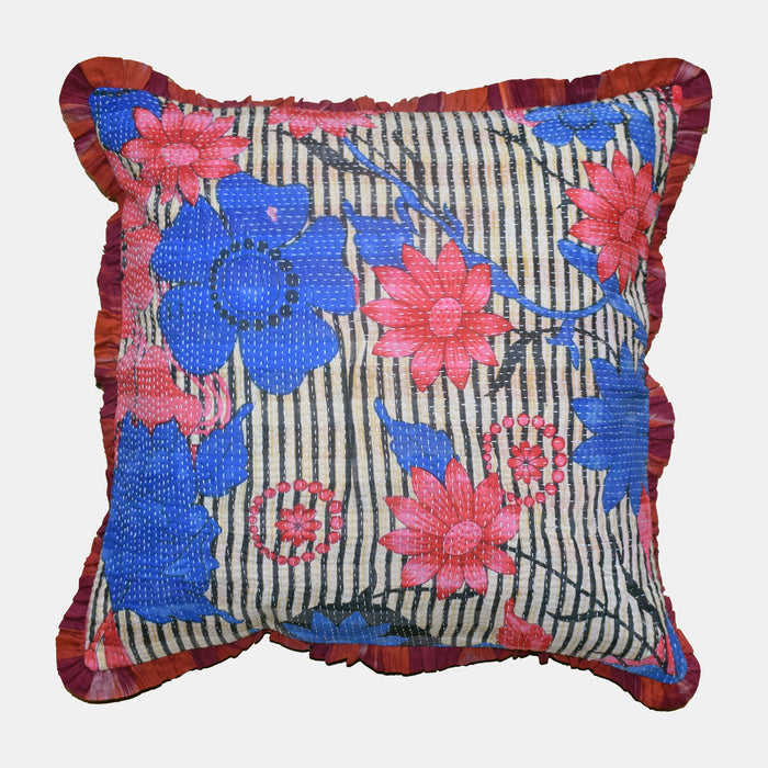 Vintage Kantha and Ikat Square Pillow in Red Blue Floral