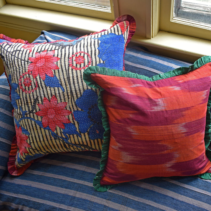 Vintage Kantha and Ikat Square Pillow in Red Blue Floral