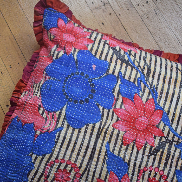 Vintage Kantha and Ikat Square Pillow in Red Blue Floral