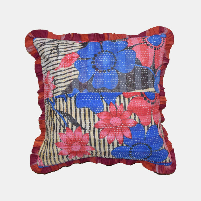 Vintage Kantha and Ikat Square Pillow in Red Blue Floral