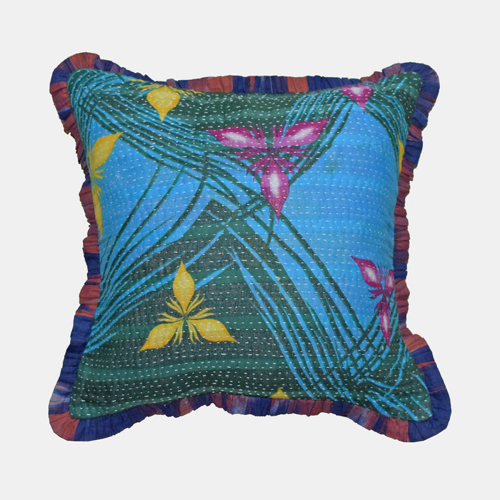 Vintage Kantha and Ikat Square Pillow in Teal Pink Floral