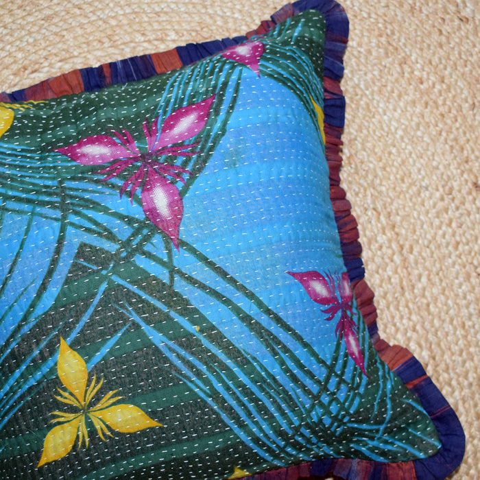Vintage Kantha and Ikat Square Pillow in Teal Pink Floral