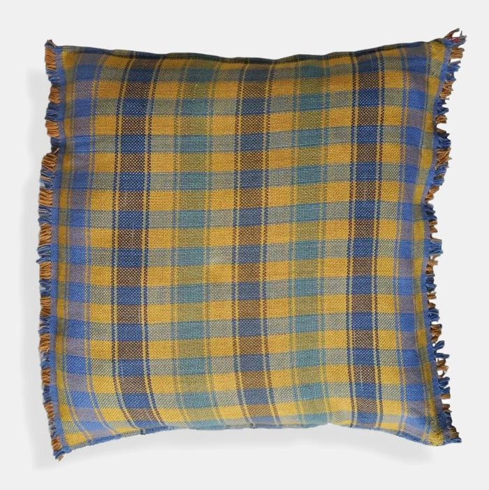 Yellow Blue Check with Fringe Square Pillow