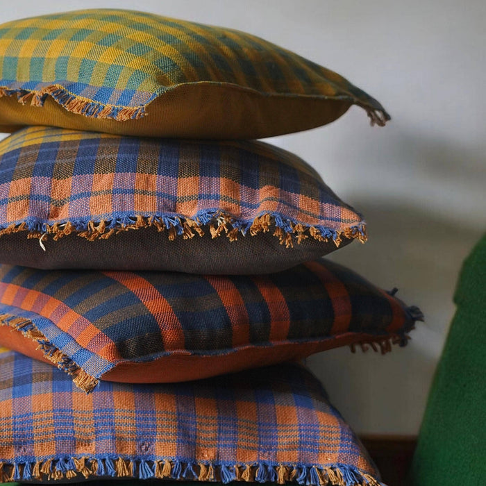 Yellow Blue Check with Fringe Square Pillow